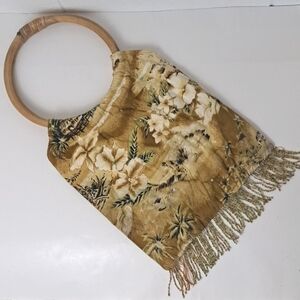 Vintage wood circle handle Hawaiian print beaded tassel fringe retro purse